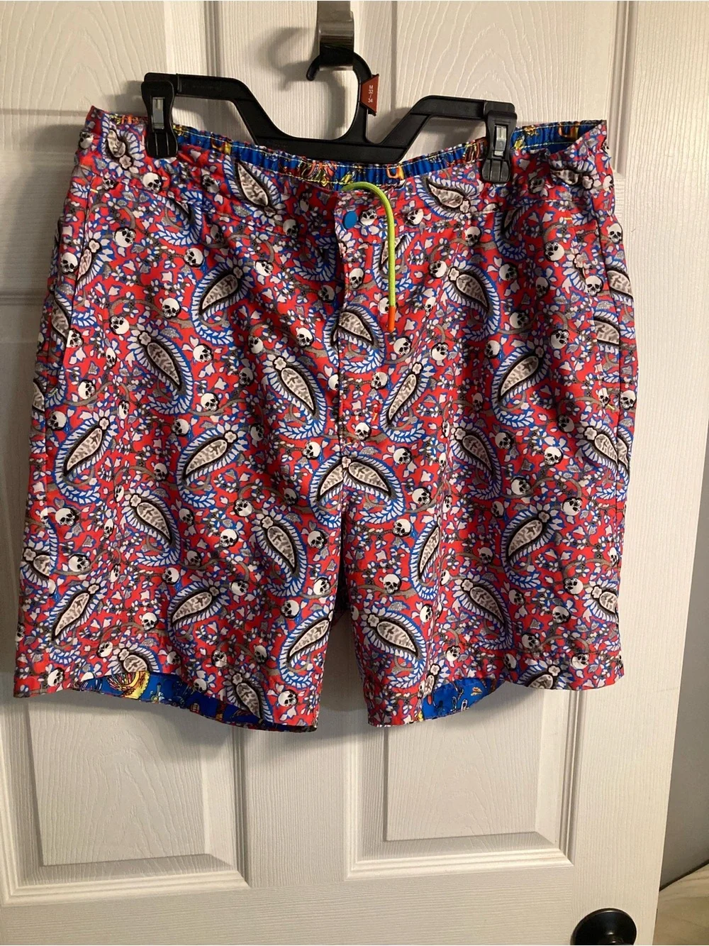 Robert Graham Red Paisley & Skull Swim Board Shorts with Blue Trim